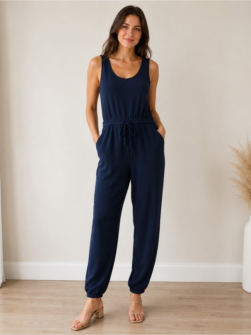 CAbi Navy Sleeveless Drawstring Waist Jumpsuit